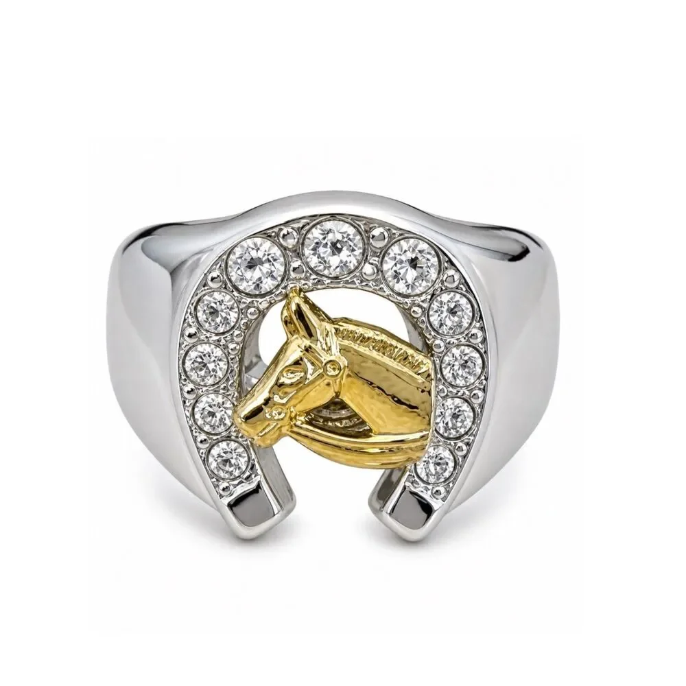 Vintage 1980s Ring Size 7 Horseshoe Horse CZ Two Tone Gold Plated - 14P